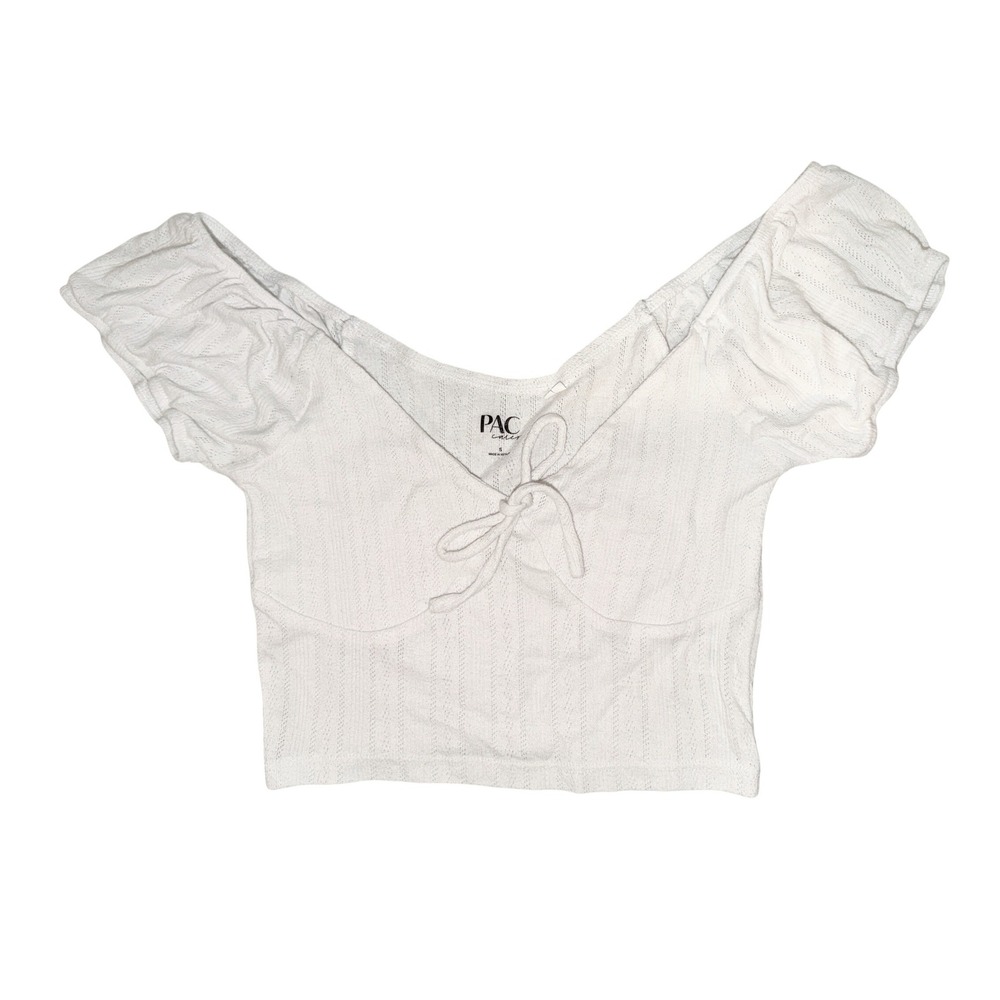 PAC Cares White Off Shoulder Crop Top Small Ruffle Sleeve Front Tie Y2K